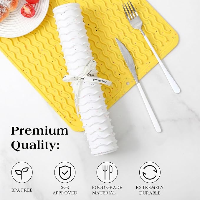 CAKETIME 2 Pack Multicolor Silicone Dish Drying Mat for Kitchen Counter Under Sink Protector Laundry Espresso Machine Appliance Stone Rack Trays Drain Mahjong Mat Extra Large 18"*16" Yellow