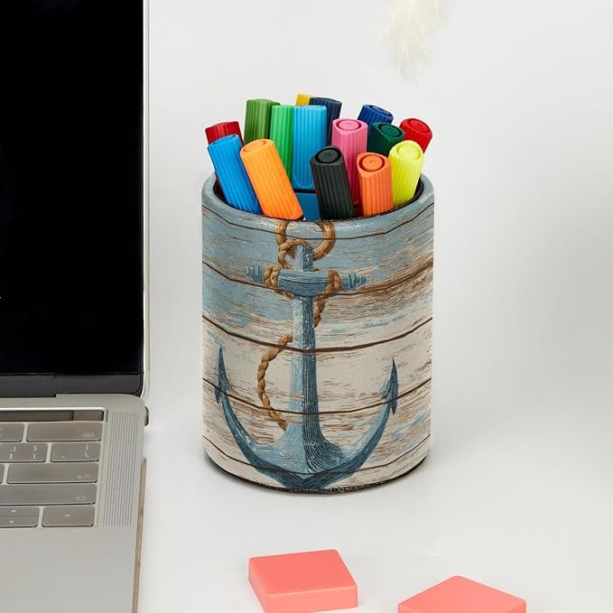 Faux Leather Pen Holder for Desk, Pencil Organizer Retro Anchor Pen Cup Desk Decor Makeup Brush Holder Storage for Office Home