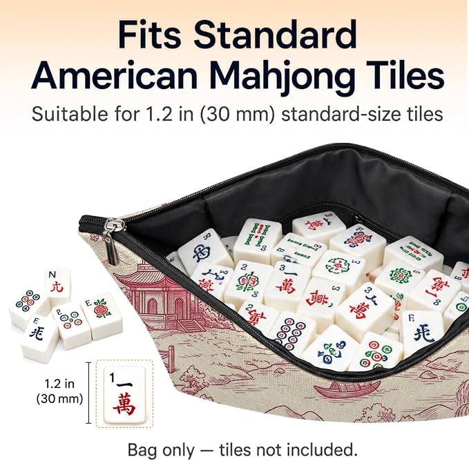 Pink Toile Empty Mahjong Tile Bag 13x7.8 Inch | Chinoiserie Printed Portable Travel Case Organizer Zipper Pouch for American Mahjong Tiles Game Night Accessories and Gifts