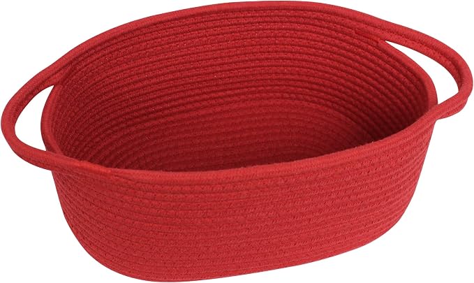 Red Woven Basket, 13" x 9" x 5" Baskets for Gifts Empty, Cute Cotton Rope Cat Dog Toy Bin Box, Small Woven Bin for Organizing, Red Room Decor, Nursery Cloth Diaper Storage Organizer