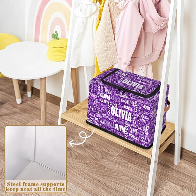 Custom Name Storage Bin with Lid Zipper, Personalized Rectangular Storage Basket with Handles for Organizing Girls Toys Office Closet Shelf Baskets, Bright Color Purple Sequins Pattern Print