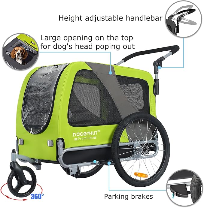 DOGGYHUT® Premium L Pet Bike Trailer & Stroller Up to 77 lbs (Lime Green) | Bicycle Trailer for Small Medium or Large Dogs, Dog Bicycle Carrier, Low Center of Gravity, Folding Frame Cart