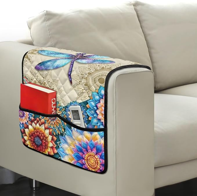 Dragonfly Pattern Chair Arm Protectors with 2 Pockets Stretch Couch Armrest Cover,Arm Rest Covers for Sofa,Dustproof Soft Armchair Covers for Arms Wasahble Sofa Arm Slipcover