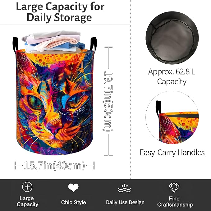 Colorful Cat Face Laundry Basket, Neon Kitten Foldable Oxford Cloth, Waterproof Dirty Clothes Hamper with Handles, Clothing Storage Bin Toy Organizer for Bedroom Dorm Bathroom, 19.7"x15.7"