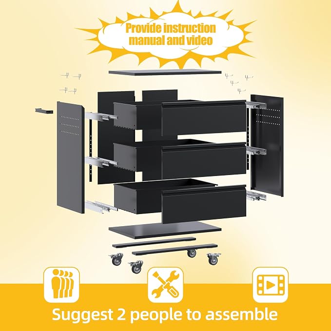 Garage Storage Cabinet with Wheels and Pegboard, Metal Rolling Tool Storage Cabinet with 3 Drawers for Garage, Home, Warehouse, Basement, Assembly Required, Black