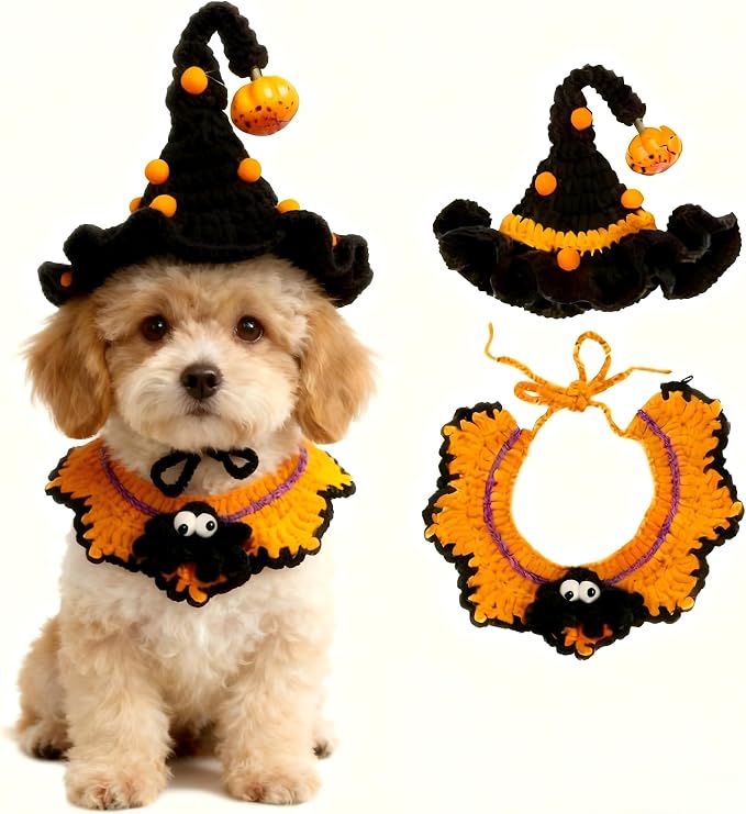 Halloween Pet Costume,Spider & Black Witch Hat for Rabbits,Cats and Small Sized Dogs,Hand-Knit Festive Halloween-Themed Cat Apparel,Dog Halloween Outfits,Cat Witch Costume