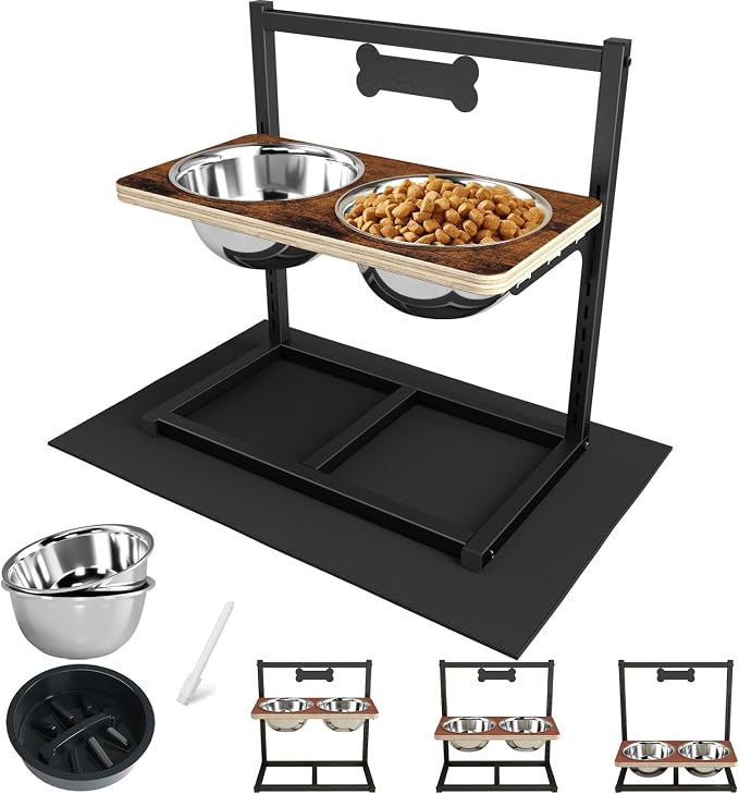 ADENGL Elevated Dog Bowls with Slow Feeder - 9 Heights Adjustable Raised Dog Bowl Stand with Two 1.7L Stainless Steel Dog Food Bowls & Slow Feeder and a Nonslip Pad, Perfect for Medium Large Breed