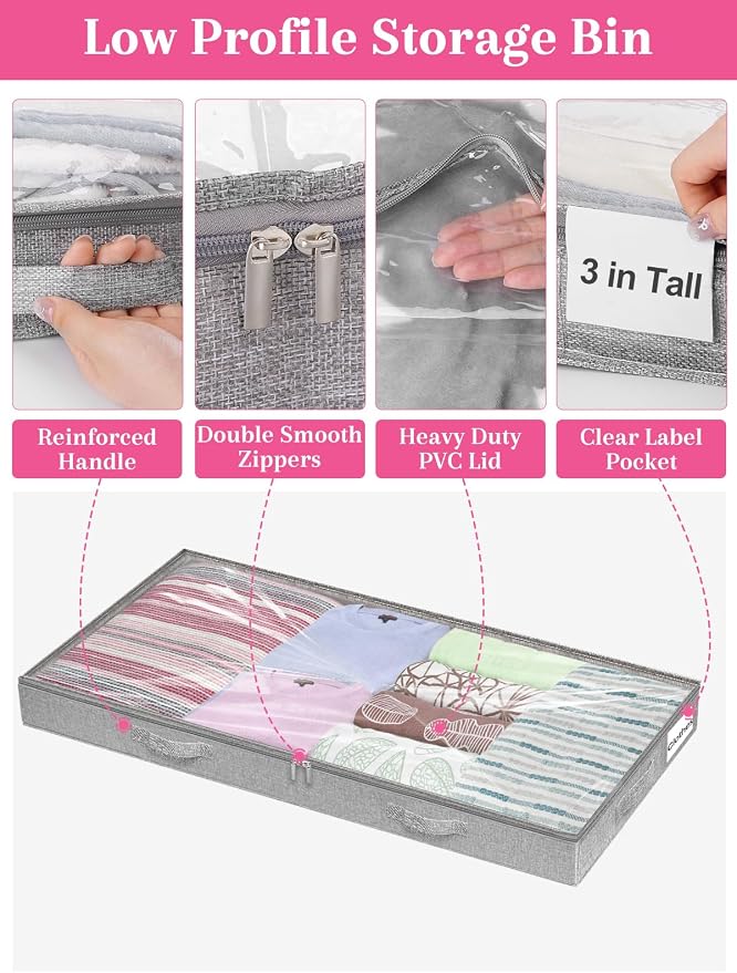 3-in Low Profile Under Bed Storage, No Structure, 2-Pack, Gray | 3" Ultra-Slim, Clear Lid, Reinfoced Handles & Smooth Zips, Dustproof & Waterproof, for Low Bed, Couch, Crib Storage