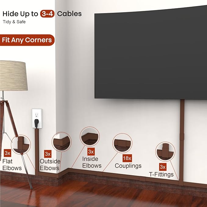 Brown Cable Cover Cord Concealer - 315in Wire Raceway, Hide Cables, Channel Kit, Wall Mount Cover, Hiding Strip, Management, Conduit, Molding