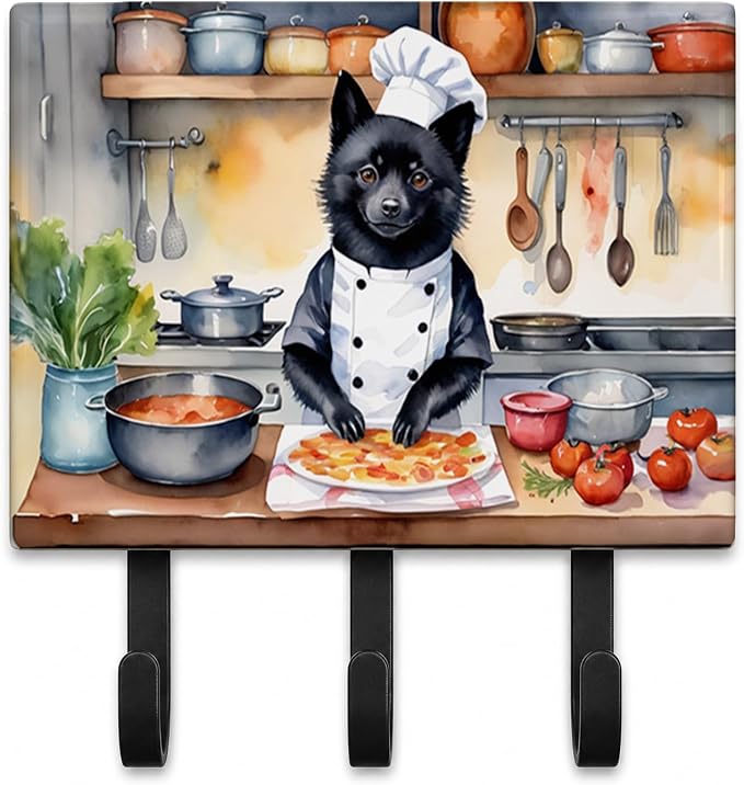 Caroline's Treasures Schipperke The Chef Leash or Key Holder Wall Hooks, Key Hooks Holder, Coat Rack Wall Mount, Coat Hooks, Hooks for Hanging Keys, Towels, Aprons, Leashes | Schipperke The Chef artwork on ceramic tile with three steel hooks for keys, ...