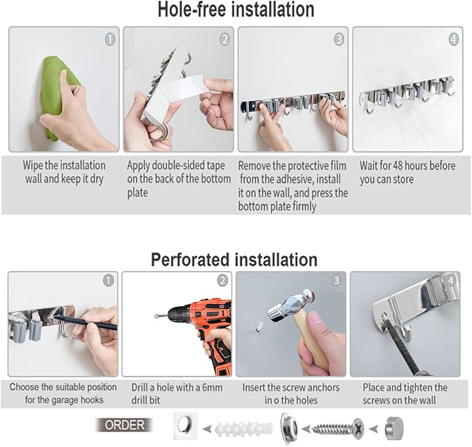Mop and Broom Hanger Wall Mount, stainless steel Broom Hook Organizer Wall Mounted, Heavy Duty Mop Holder Storage Rack - 3 Racks 4 Hooks for hanging brooms and mops