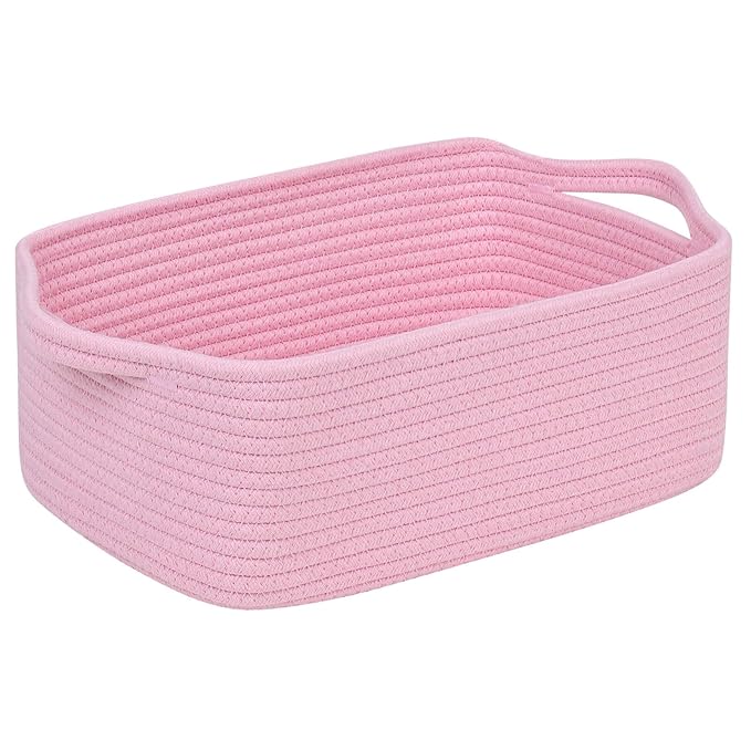 CubesLand Cute and Durable Small Cotton Rope Basket for Organizing | Woven Closet Storage Bin,Shelves Closet Storage Basket, Bathroom Storage Organizer Bin, Nursery Toy Basket Bin, Pink Basket