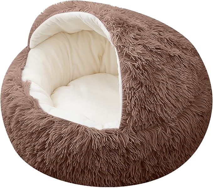15.8'' Soft Round Plush Faux Fur Pet Bed for Cats or Small Dogs, Anti-Anxiety Cat Bed Puppy Bed, Washable Fluffy Anti-Slip Mute Base, Soft Pet Round Bed, Snooze Sleeping Cozy Kitty Kennel (Brown)