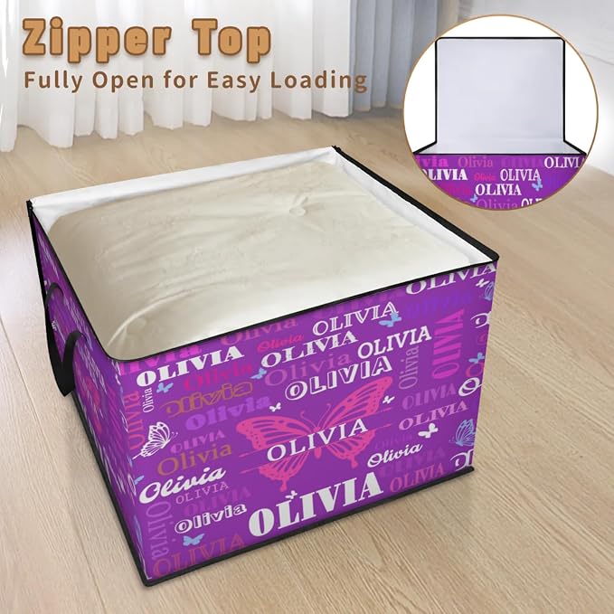 Personalized Name Foldable Storage Basket Cubes with Lid, Laundry Hamper Dirty Clothes Storage Bin with Handles for Shelf Home Closet Kitchen, Dark Voilet Purple Background with Butterfly