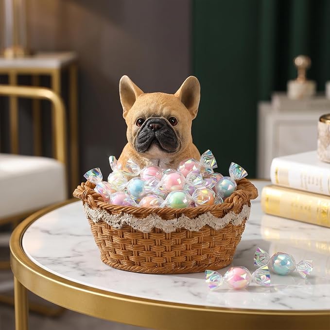 Cute French Bulldog Candy Bowl, Resin Dog Figurine Key Bowl for Entryway Table, Desktop Storage Basket Organizer for Desk, Unique Dog Lover Gift