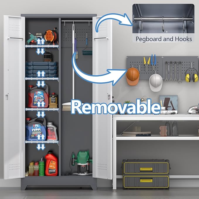 72.8" H Metal Garage Storage Cabinets with Doors and Shelves, Broom Closet Storage Cabinet, Tool Cabinets with Hanging Rod, Cleaning Storage Cabinets for Garage, Office, Laundry Room