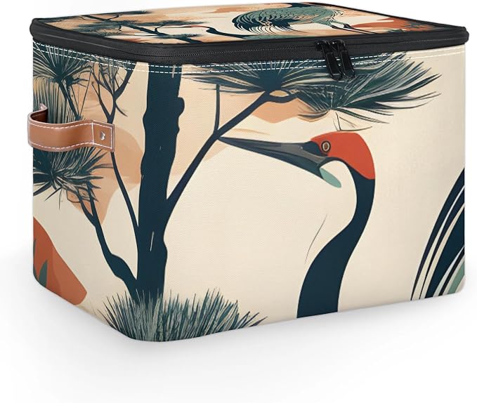 Crane Birds Foldable Storage Bin with Lid Zipper | Closet Shelf Organizer, Boxes, Basket Containers for Home, Lidded Storage Cube for Bedroom, Waterproof, with Handles