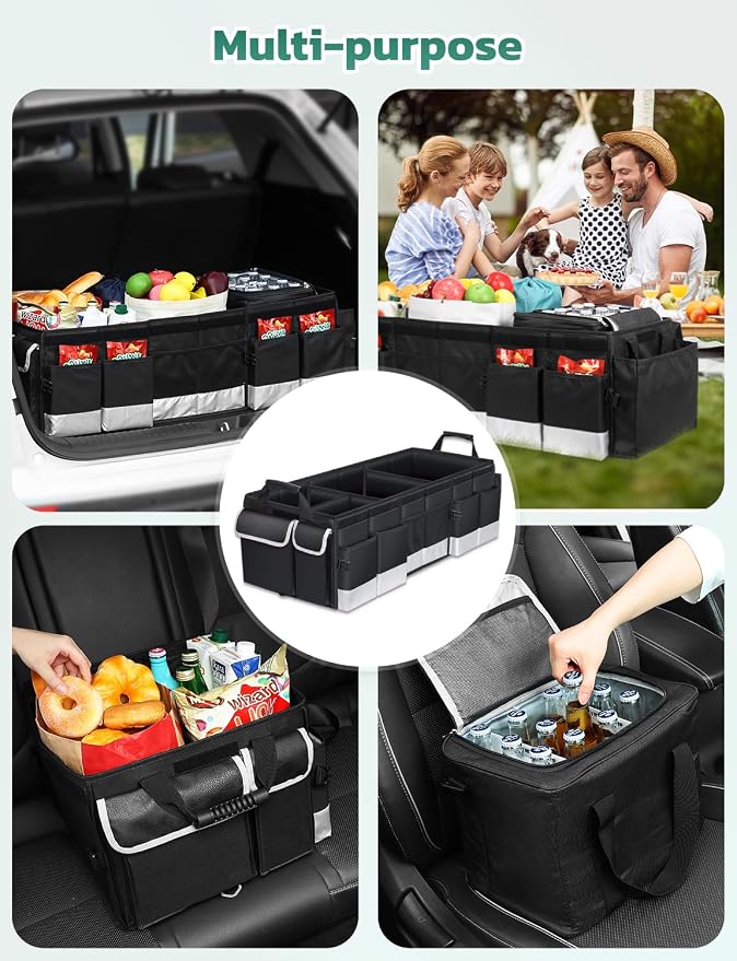 Oasser Trunk Organizer 95L with 20L Removable Cooler Bag for SUV | 4 Compartments, 9 Side Pockets, Foldable Lid, No Deformation, 1680D, Non Slip Bottom, 2 Adjustable Straps, Reflective Strip