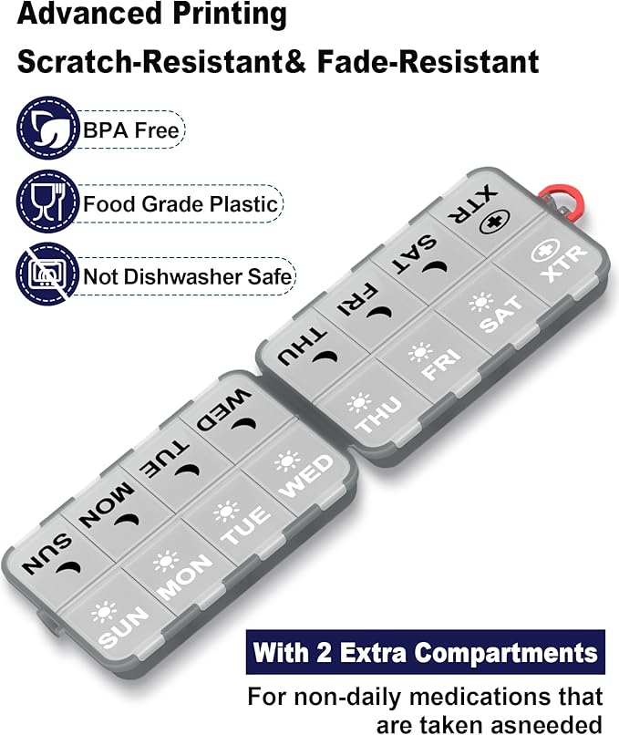 Pill Organizer Travel Medicine Organizer - Weekly Pill Organizer with 2 Extra Compartments, Clear Printed Labels, AM PM Pill Dispenser