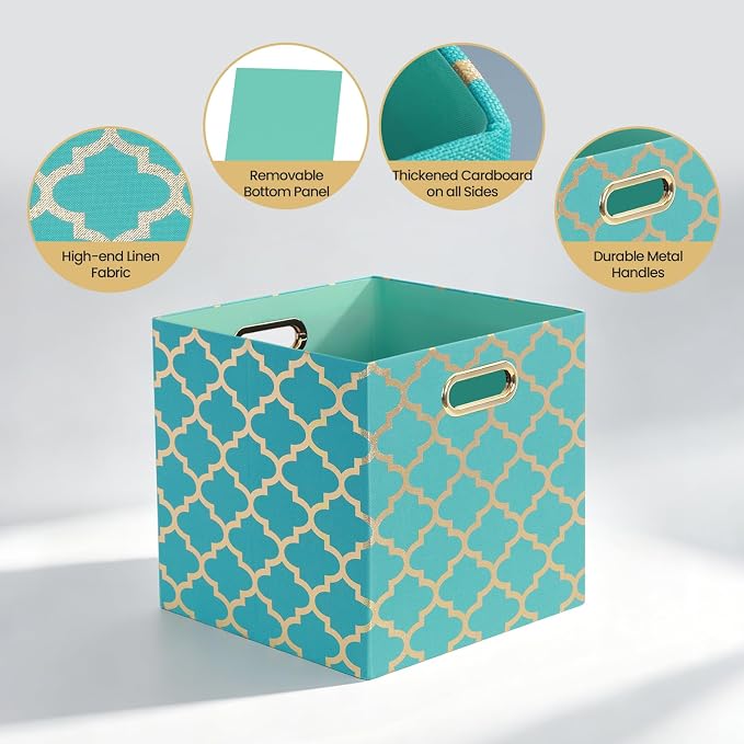 Posprica 11x11x11 Storage Cube Bins, Collapsible Storage Bins Fabric Storage Cubes Organizer Baskets Box Drawers for Shelves, Closet, Wardrobe, Bookshelf, Cabinet, Sky Blue/Gold Lantern, 4 Pack