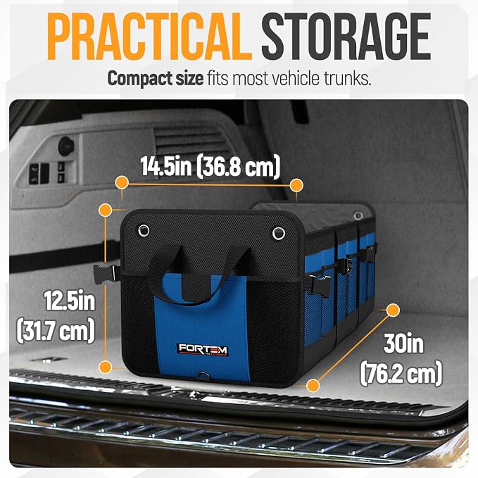 FORTEM Trunk Organizer - Collapsible Car Organizer & Storage Bag for SUVs | Car Accessories for Men & Women, Cooler Bag, Non Slip Bottom, Straps, Soft Cover, 1680D Oxford, 6 Compartments, Blue, 90L