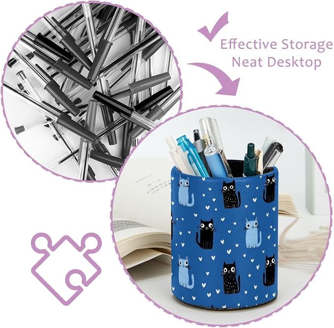 Faux Leather Pen Holder for Desk, Pencil Organizer Cute Cat Pen Cup Desk Decor Makeup Brush Holder Storage for Office Home