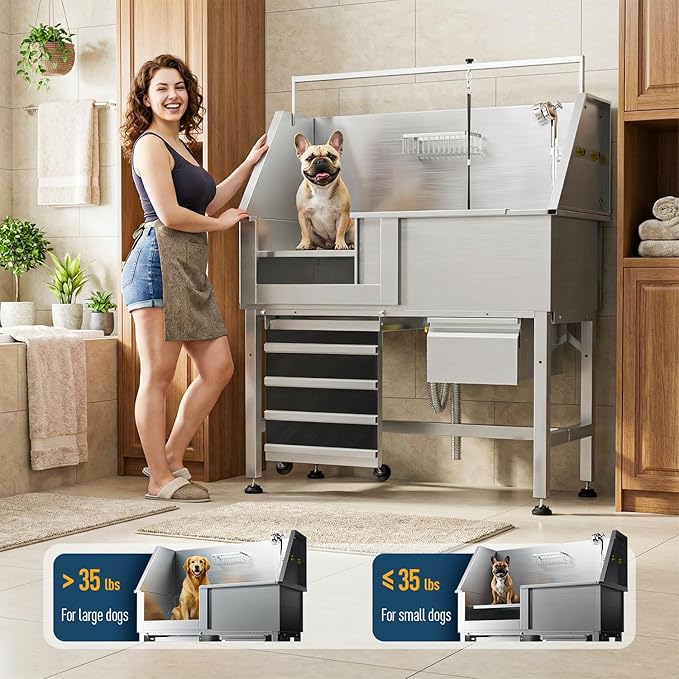 46" Heavy Duty Dog Washing Station - 304 Stainless Steel Pet Bathing Tub with Left Side Ramp, Elevated Grooming Sink with Storage Drawer & Removable Floor Grate, Outdoor Ready for Large & Medium Dogs