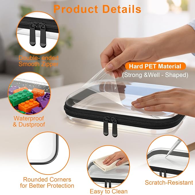 Clear Hard Shell Storage Bag 3 Pcs Waterproof PET Travel Cosmetic Organizer | Multi-size Plastic Zipper Pouch Crush-proof Makeup Box Fits Cosmetics,Toiletries for Travel,Home,Outdoors
