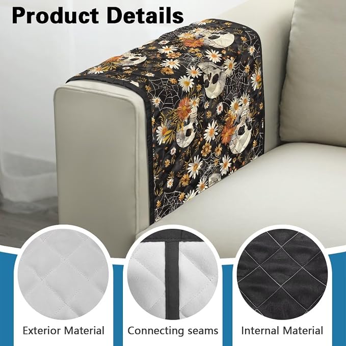 Skull Daisy Stretch Armrest Cover Couch Arm Covers Washable Sofa Chair Arm Covers with 2 Pockets Furniture Protector Armchair Slipcovers for Recliner Home Decor Sofa Arms Rest Cover