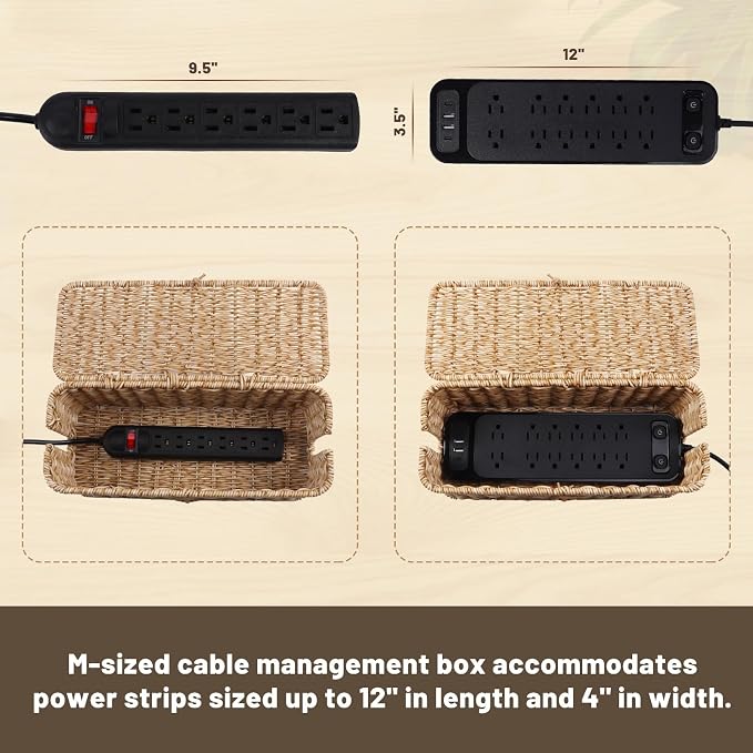 Cable Management Box, Cord Organizer with Lid & Cable Ties - Natural Small | Handmade Open Slots Cord Hider Outlet Covers for Power Strip TV PC Router Charger Under Desk Storage