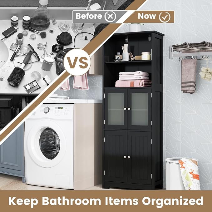 LOKO Tall Bathroom Cabinet, Modern Storage Organizer with Doors & Open Shelves, Wooden Floor Cabinet with Adjustable Shelves for Bathroom, Living Room or Kitchen (Black)