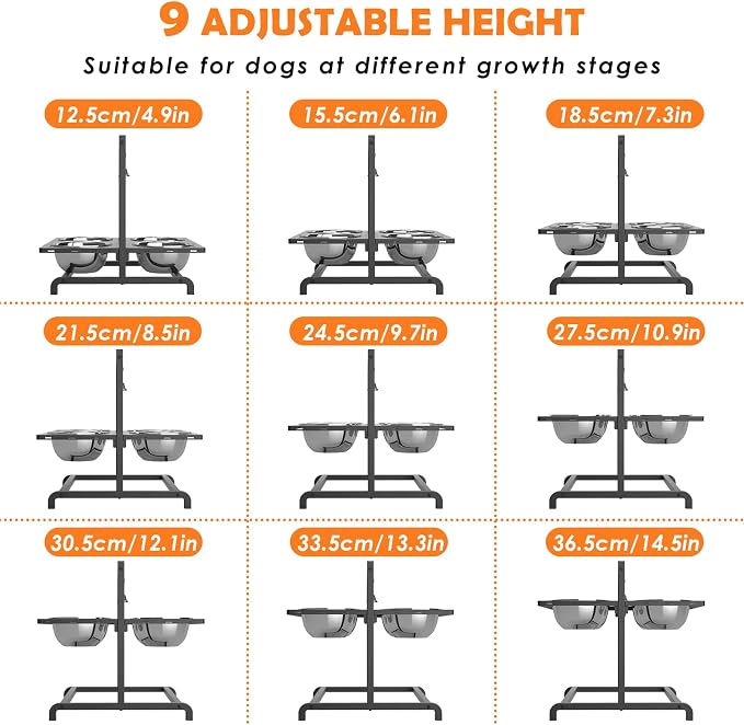 ADENGL Elevated Dog Bowl Stand with 4 Stainless Steel Bowls (1700ml/58oz) – 9 Height Adjustable Raised Pet Feeder from 4.9" to 14.5" for Large Dogs & Multi-Pet Homes, with Bone Name Tag