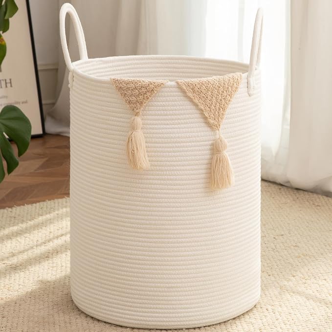 OIAHOMY 60L Nursery Hamper Laundry Basket Laundry Hamper White | collapsible Blanket Basket Cotton Rope Woven Basket Dirty Clothes Hamper Baby Hamper Tall Clothes Hamper with Handles