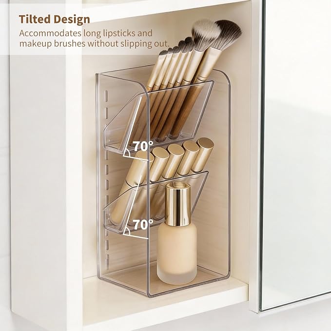 PAVSTINE Medicine Cabinet Organizer with Adjustable Dividers, Clear Open Storage Compartment, Space-Saving Makeup Brush Holder for Bathroom, Wall Cabinet, Vanity Countertop (2-Tier Full Slant)