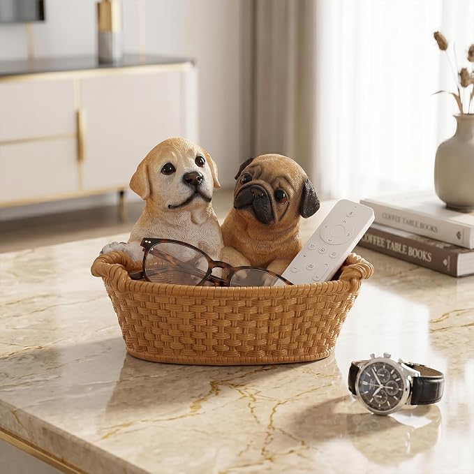 Resin Labrador & Pug Desktop Storage Basket, Decorative Catchall Bowl & Key Tray for Entryway Table, Cute Dog Statue Organizer, Pet Lover Gift