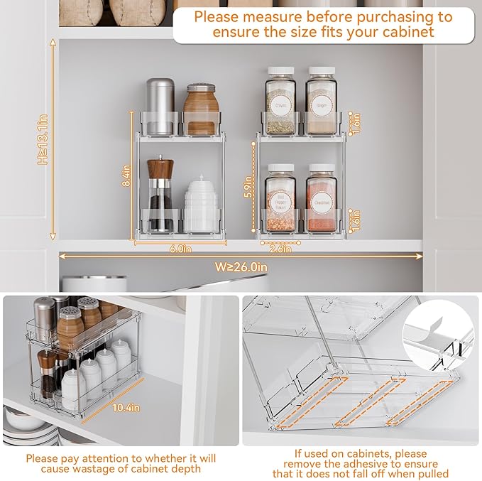 2 Tier Sliding Spice Racks for Cabinets,2 Pack 10.4'' Deep Narrow Vertical Spice Rack Pull Out for Inside Cabinets,Kitchen,Pantry,Cupboard Seasoning,Jar Organizer and Medicine Cabinet Storage