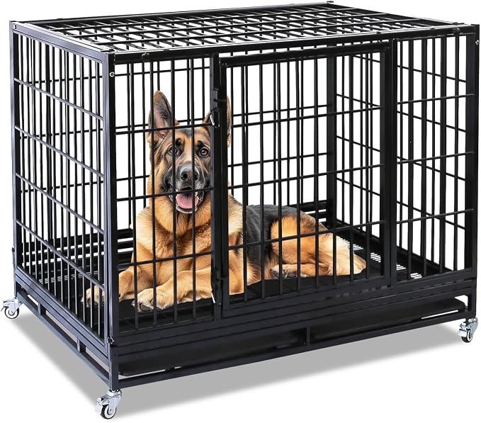Homey Pet Stackable Heavy Duty Large Dog Crate Cage Kennel for Large Dogs | 47 Inch Black Solid Indestructible Kennel with Lockable Wheels, Double Door, Removable Dual Trays, Escape Proof Auto Locks