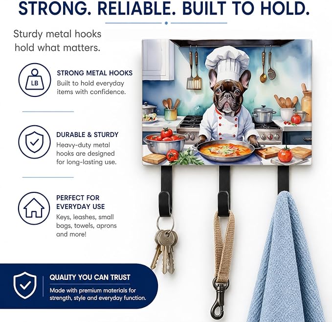 Caroline's Treasures French Bulldog The Chef Leash or Key Holder Wall Hooks, Key Hooks Holder, Coat Rack Wall Mount, Coat Hooks, Hooks for Hanging Keys, Towels, Aprons, Leashes | French Bulldog The Chef artwork on ceramic tile with three steel hooks fo...