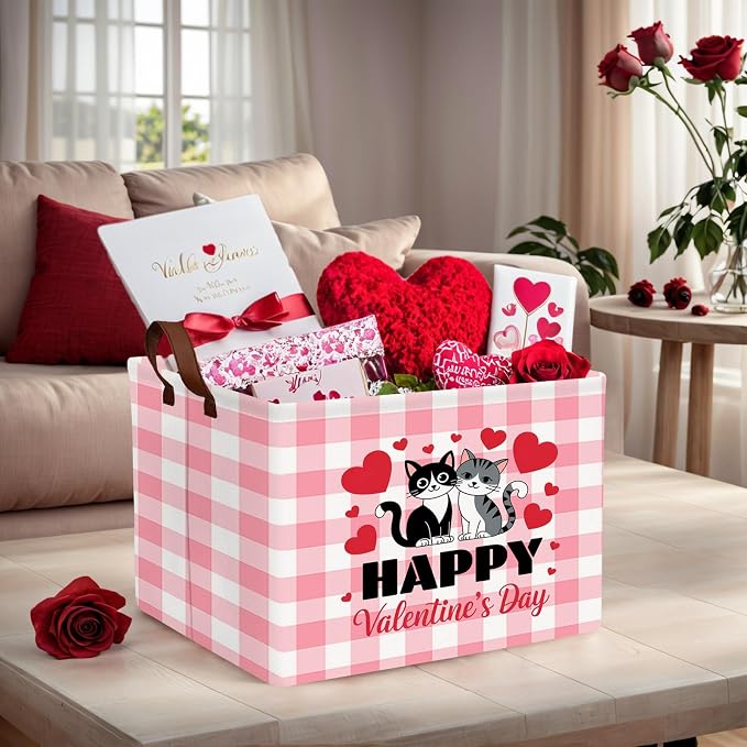 Cute Large Valentine's Day Gift Basket Empty Heart Decor Storage Bin for Kid Baby Room Décor (Pink Checkered Cat)
