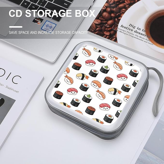 40-Disc CD/DVD Protective Case Kawaii Food Theme Japanese Sushi, Hard Plastic Binder with Zipper, Portable Storage Organizer for Travel Office