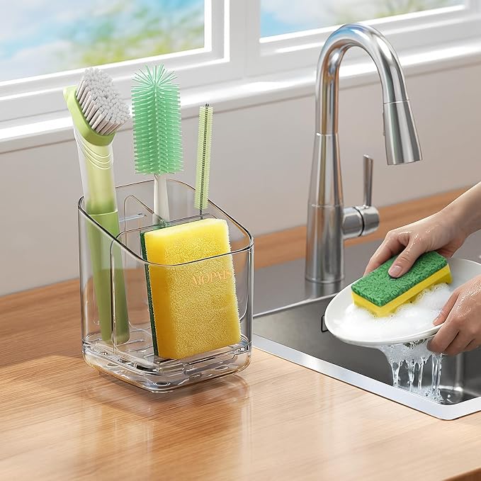 MOPMS Kitchen Sponge Holder with Drip Tray, Sink Caddy Organizer | Clear PET Kitchen Storage Rack Holds Brushes with Removable Divider, Durable Countertop Holder Space-Saving