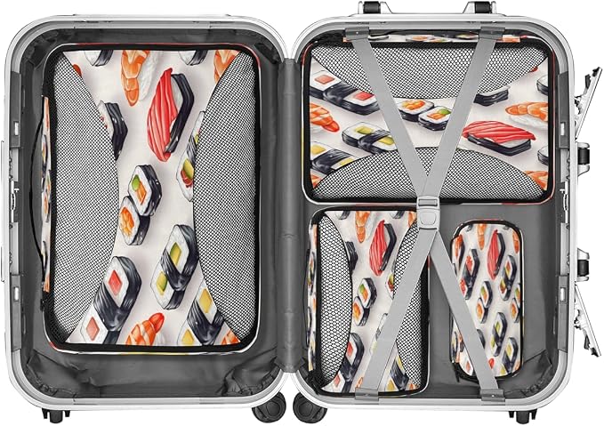 Colorful Sushi 4 Set Travel Packing Cubes for Accessories, Suitcase Organizers Luggage Bags Set with Double Zippers & Mesh Top