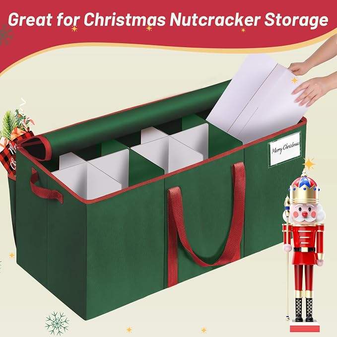 EverMerry Nutcracker and Figurine Collectibles Storage Box， Large Ornament Storage Organizer Stores Up to 12 Holiday Figurines-Carolers, Santa Figure, or Nut Cracker Ornaments (Green/15 Inches)