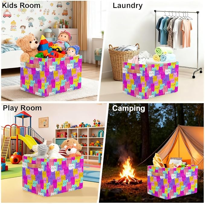 Pardick Storage Baskets Bin, Colorful Animals Cat Cute Collapsible Canvas Fabric Storage Bin Decorative Baskets Toy Organizer Rectangle Storage Boxes with handles for Home Shelves Nursery,Q-9