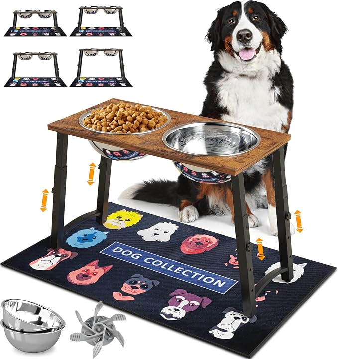 Elevated Dog Bowls for Large Dogs with Slow Feeder & Mat, 4 Height Adjustable & 101oz Bowls, Tall Raised Dog Bowl Stand