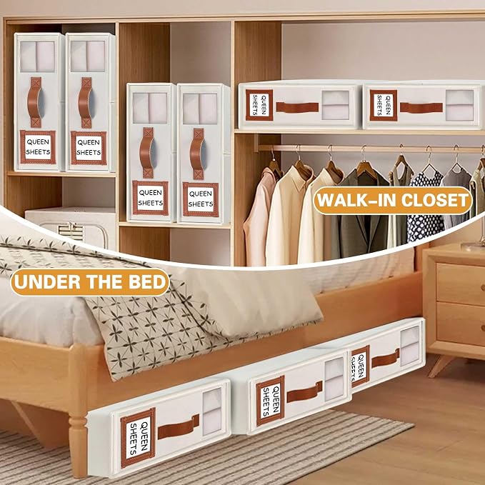 GhvyenntteS Bed Sheet Organizers and Storage, 4 Pack Closet Organizer | Foldable 800D Thickened Fabric, Clear Window & Labels, Leather Handle, Dust & Moisture Proof, Fits King & Queen Sheet Sets