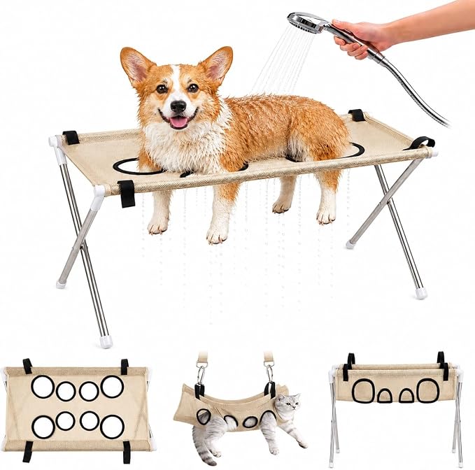 Dog Grooming Hammock Stand, Foldable Dog Bath Holder Sling Shower Chair | Heavy-Duty Pet Bath Stool for Small & Medium Dogs, Home Salon Grooming, Washable Mesh, Joint Support & Restraint(Khaki,Base)