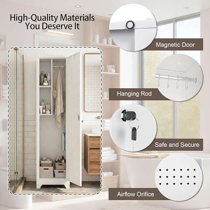 Slim Broom Closet Storage Cabinet, 65" H Metal Cabinets with Lock and Shelves & S-Hooks, Utility Closet, Narrow Storage Cabinets for Home Office, Pantry, Bathroom, Garage, White