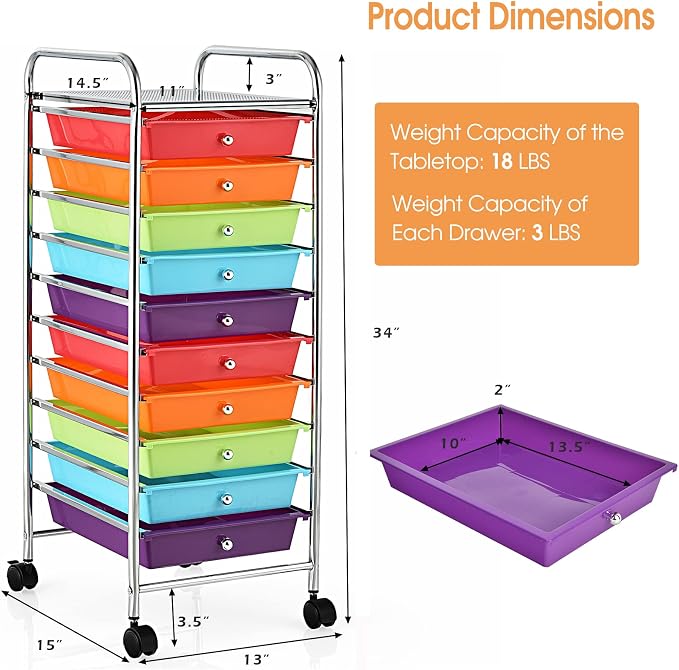 10 Drawer Rolling Storage Cart, Organization Cart with Drawers for Craft Makeup Paper Tool Art Supply, Versatile Utility Cart on Wheels for Home Office Classroom School (Multicolor)