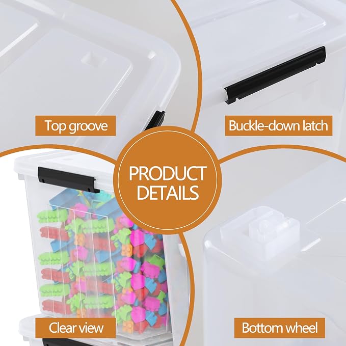 70 Quart Large Clear Plastic Storage Boxes with Wheels, 4 Packs | Stackable Plastic Latching Organization Bins with Lids